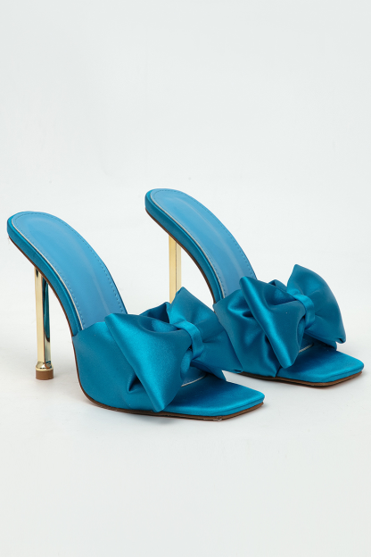 Square Toe Bow Decor High-Heeled Slippers-Green