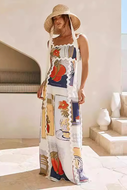 Wavy Trim Drawing Print Tie Up Backless Maxi Strappy Dresses-Beige