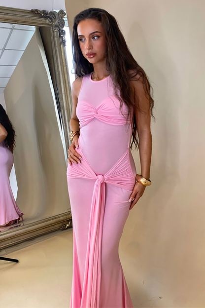 Twisted Knot Ruched Slim Fit Long Streamer Maxi Tank Dresses-Pink
