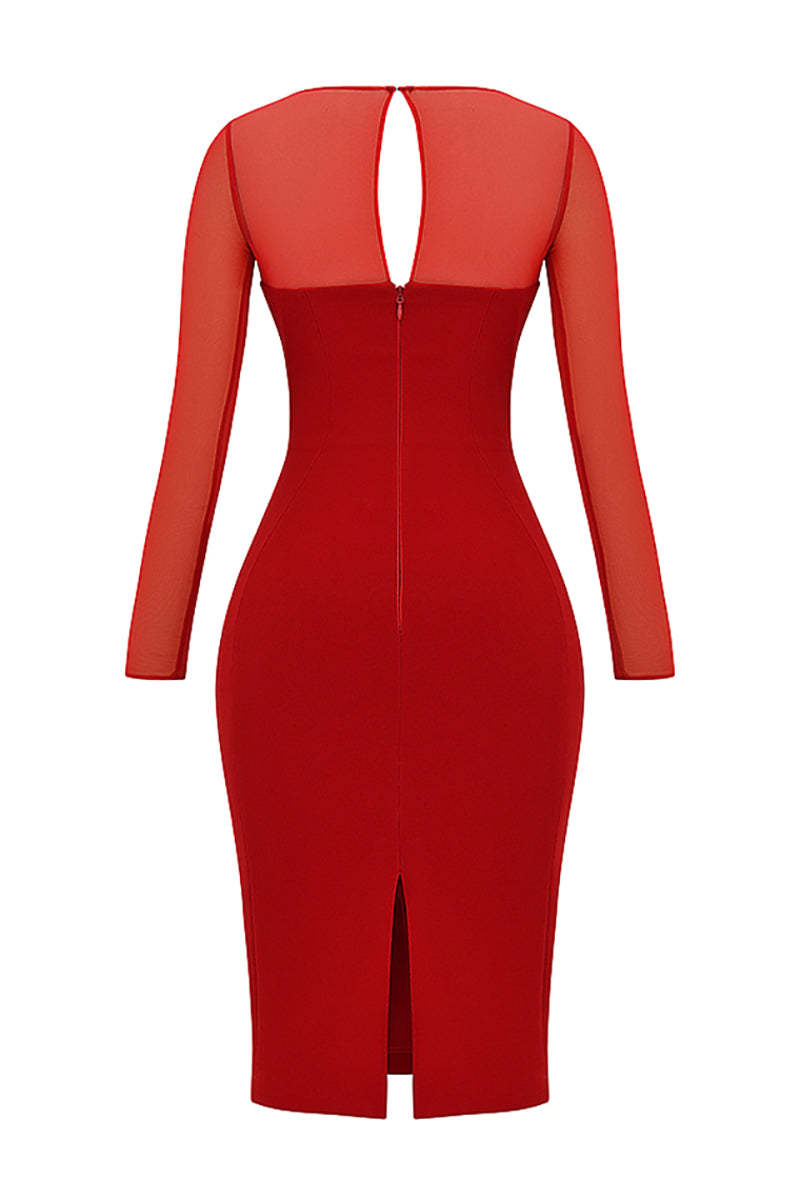 Mesh Patchwork Long Sleeve Irregular Corset Bodycon Midi Dresses-Red