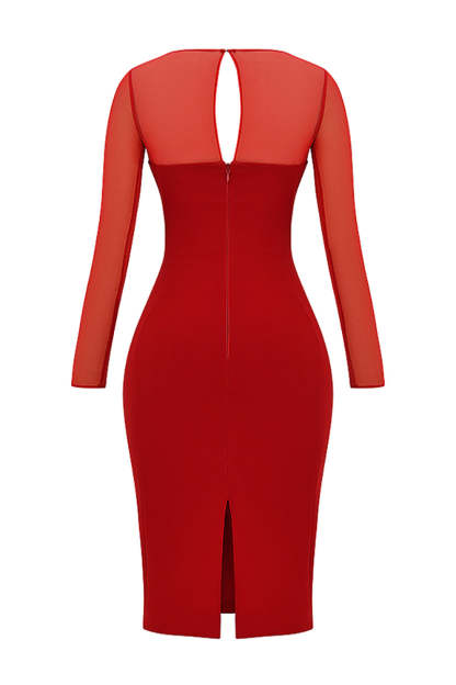 Mesh Patchwork Long Sleeve Irregular Corset Bodycon Midi Dresses-Red