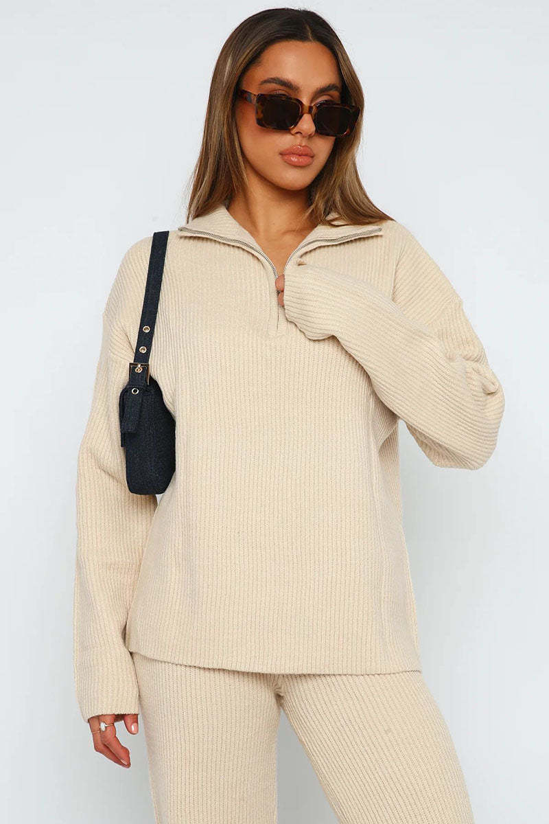 Turndown Collar Long Sleeve Sweater Plain Pants Matching Set-Beige