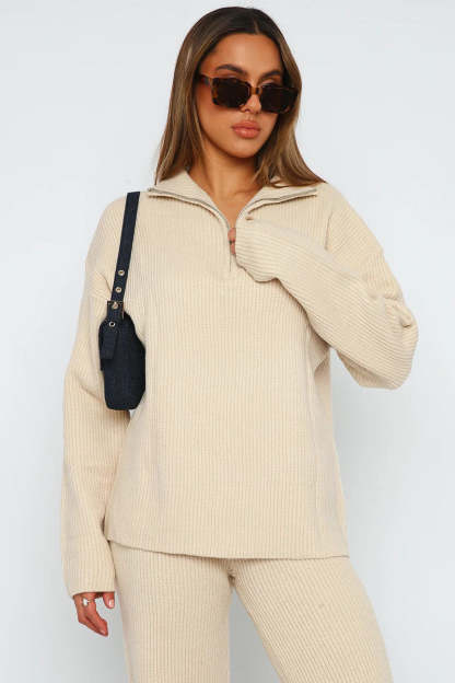 Turndown Collar Long Sleeve Sweater Plain Pants Matching Set-Beige