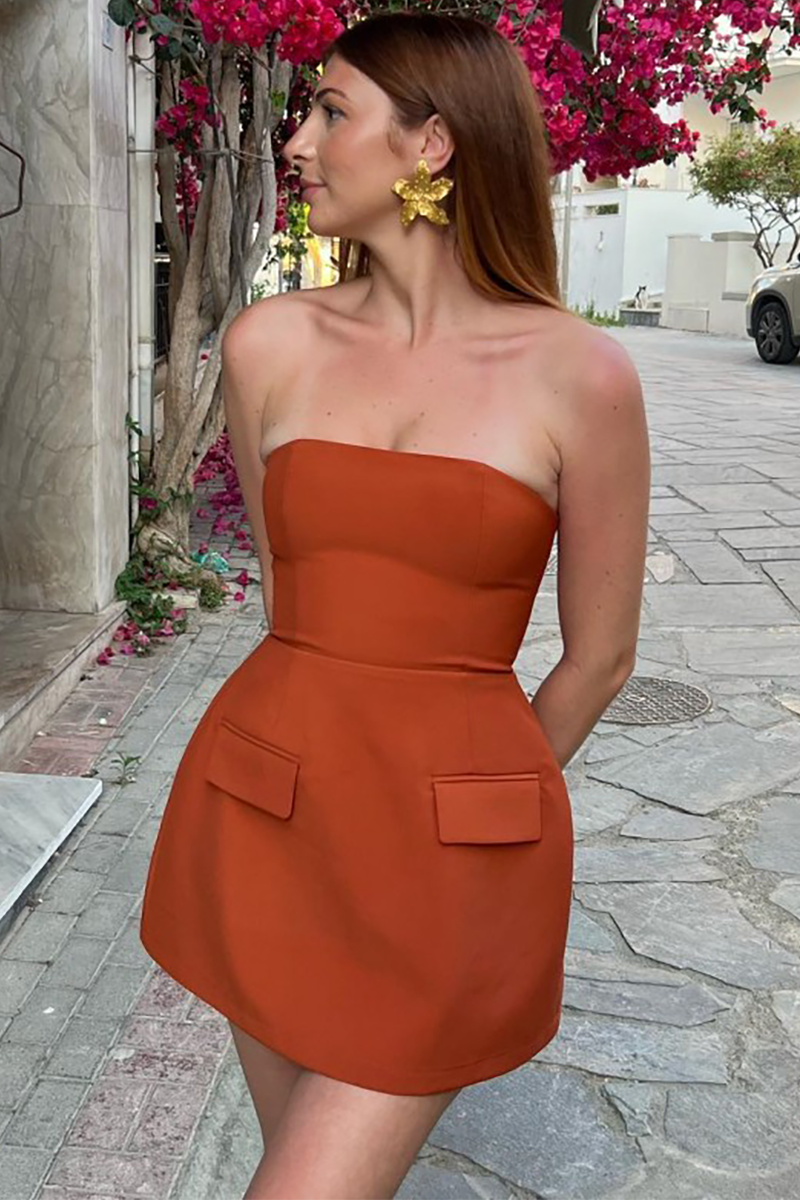 Solid Color Boat Neck A-Line Mini Tube Dresses-Orange