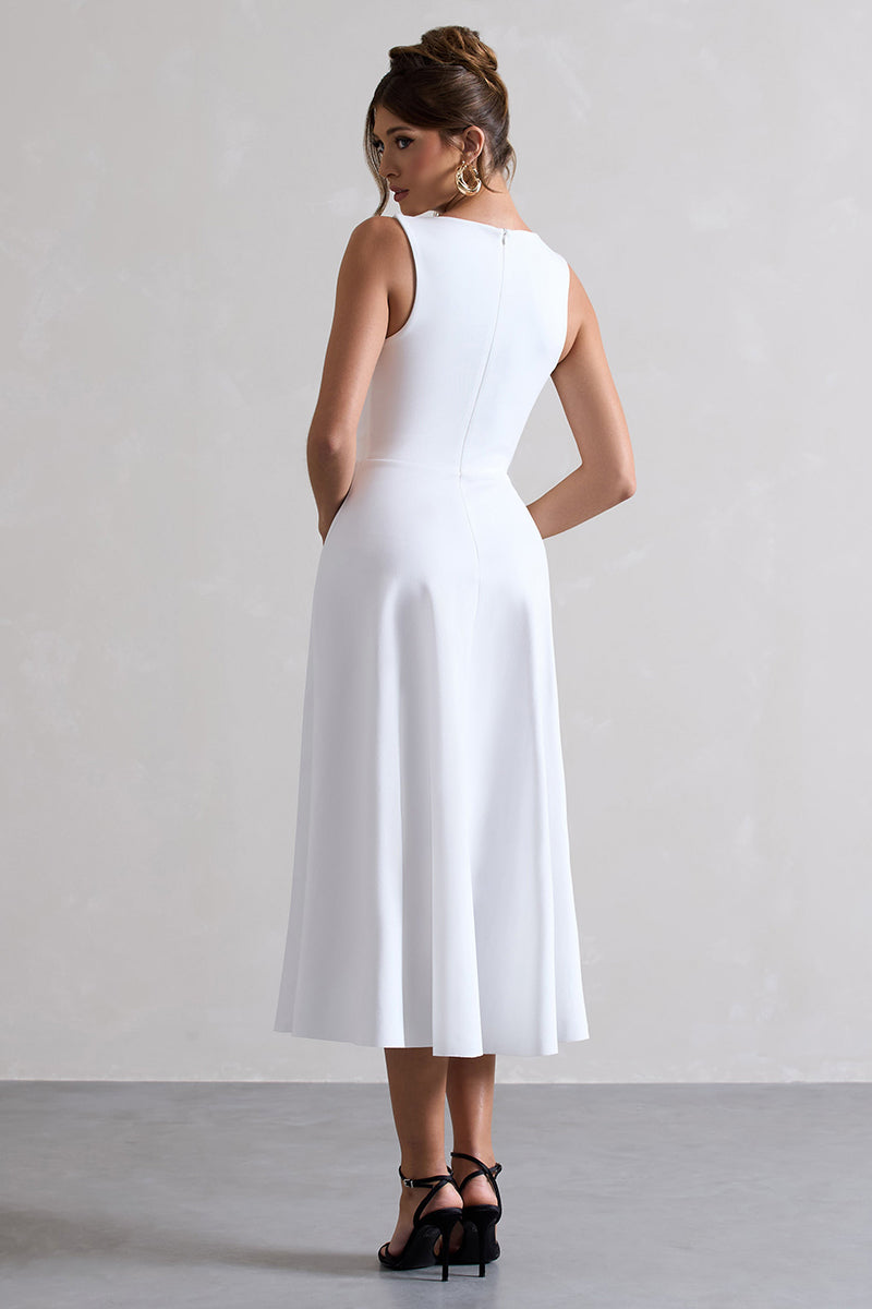 Plunge Neck Bowknot Decor Sleeveless Midi Dresses-White