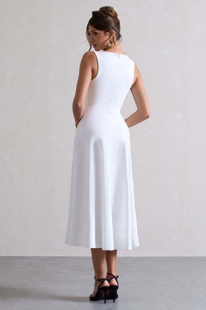 Plunge Neck Bowknot Decor Sleeveless Midi Dresses-White