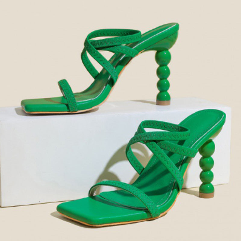 Elegant Quilted Square Toe Lace Up Stacked Stiletto Heels