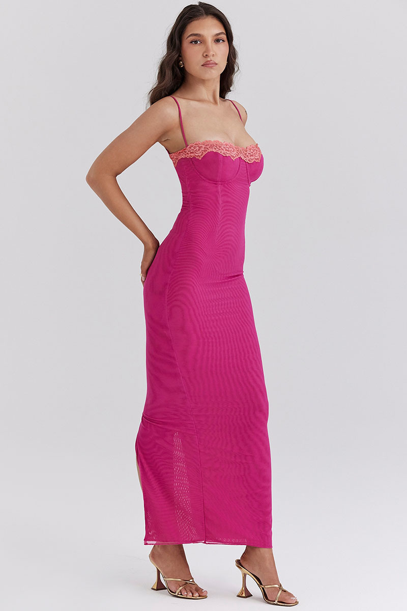 Mesh Patchwork Spaghetti Strap Slit Bodycon Maxi Dresses-Fuchsia Pre Order