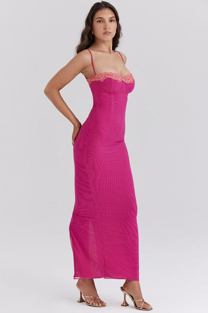 Mesh Patchwork Spaghetti Strap Slit Bodycon Maxi Dresses-Fuchsia Pre Order