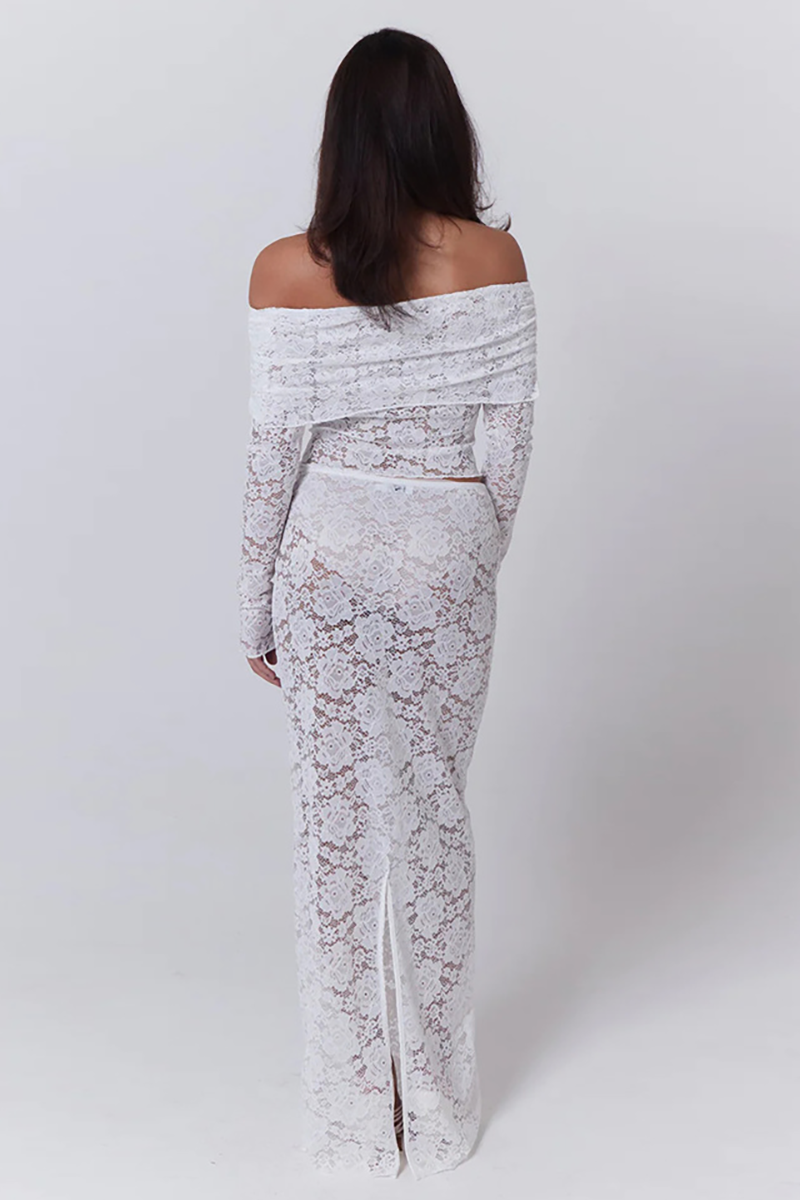 Floral Lace Off Shoulder Long Sleeve Crop Top Maxi Skirt Matching Set-White
