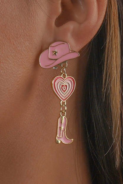 Cowboy Hat Heart Cowboy Boots Alloy Dangle Earrings-Pink