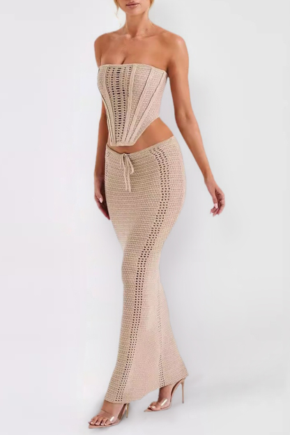 Hollow Out Knit Strapless Crop Top Bodycon Maxi Skirt Matching Set-Khaki
