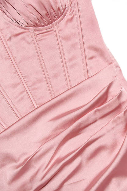 White Cami V Neck Ruched Corset Wrapped Pleated Bodycon Satin Evening Gown Midi Dresses