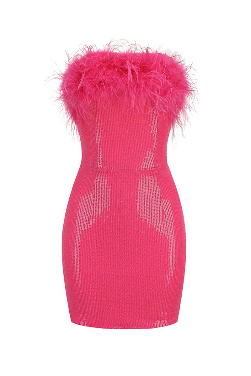 Sequin Strapless Feather Trim Bodycon Mini Party Dresses