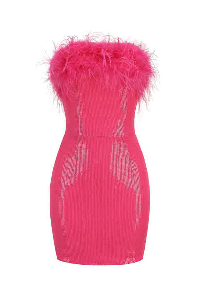 Sequin Strapless Feather Trim Bodycon Mini Party Dresses