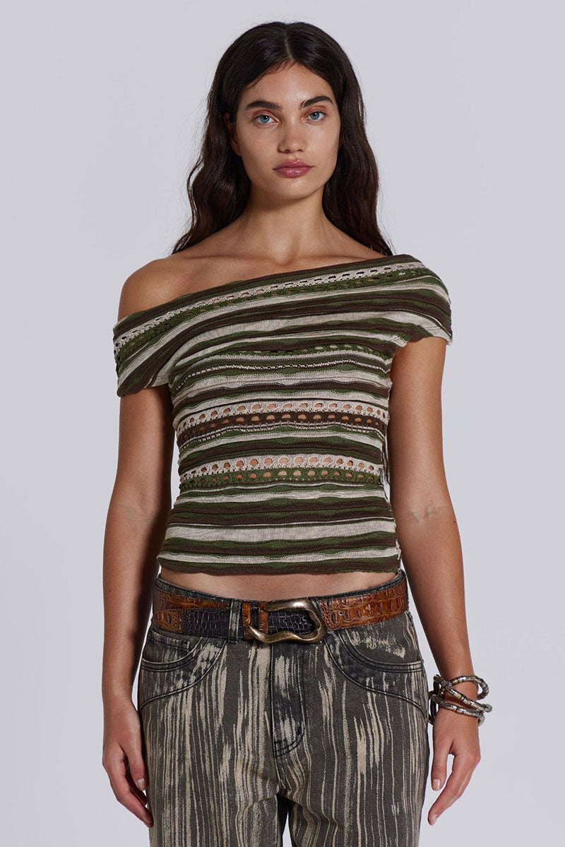 Boat Neck Off Shoulder Boho Pattern Hollow Out Vacation Crop Top-Green