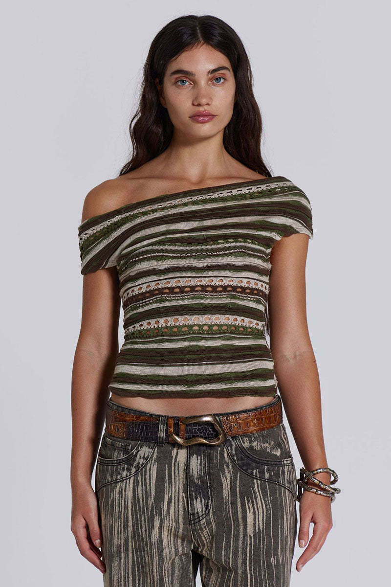 Boat Neck Off Shoulder Boho Pattern Hollow Out Vacation Crop Top-Green