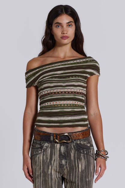 Boat Neck Off Shoulder Boho Pattern Hollow Out Vacation Crop Top-Green