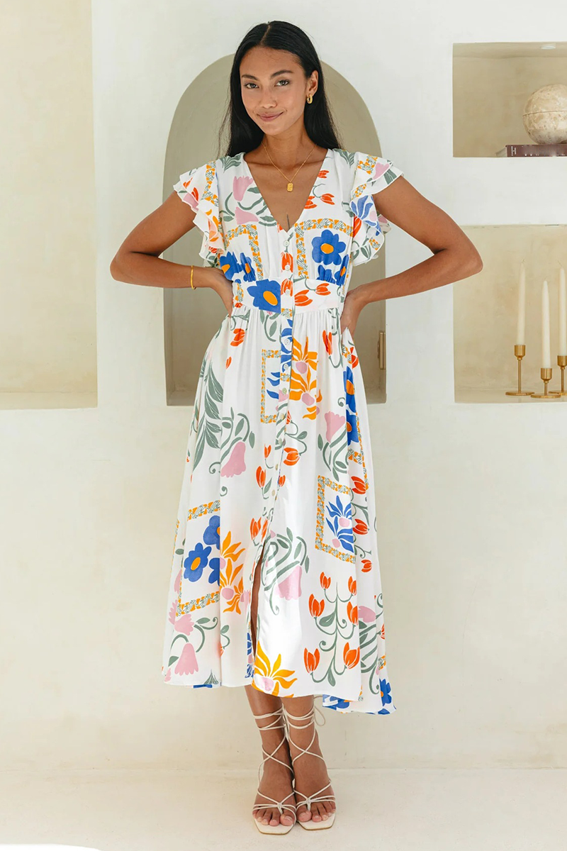 Floral Print V Neck Ruffled Sleeve A-Line Midi Dresses-White