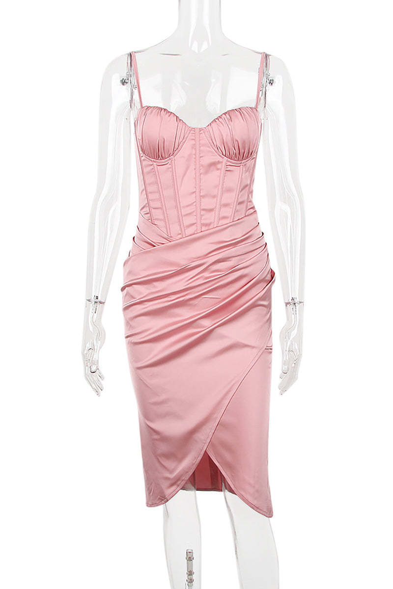 White Cami V Neck Ruched Corset Wrapped Pleated Bodycon Satin Evening Gown Midi Dresses