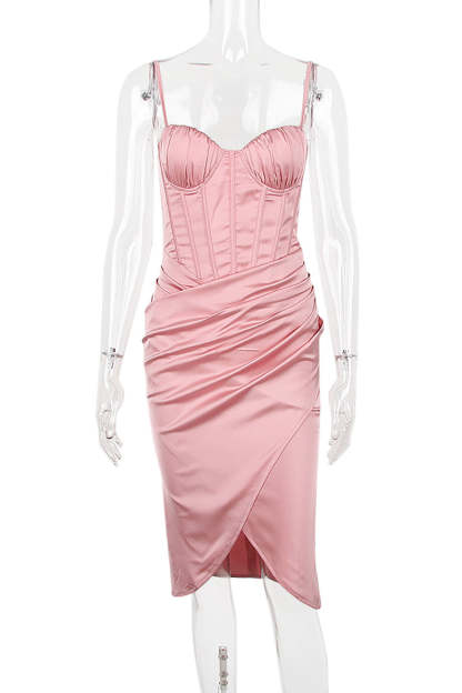 White Cami V Neck Ruched Corset Wrapped Pleated Bodycon Satin Evening Gown Midi Dresses