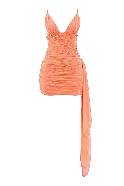 Spaghetti Strap Ruched Streamer Party Bodycon Mini Dresses-Coral Pre Order