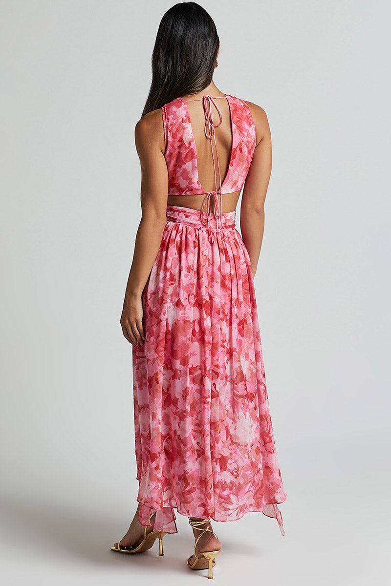 V Neck Ruched Cutout Ruffled Floral Print Slit Midi Dresses-Pink