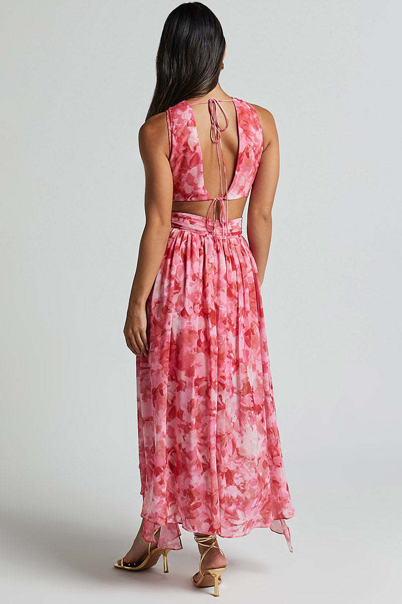 V Neck Ruched Cutout Ruffled Floral Print Slit Midi Dresses-Pink