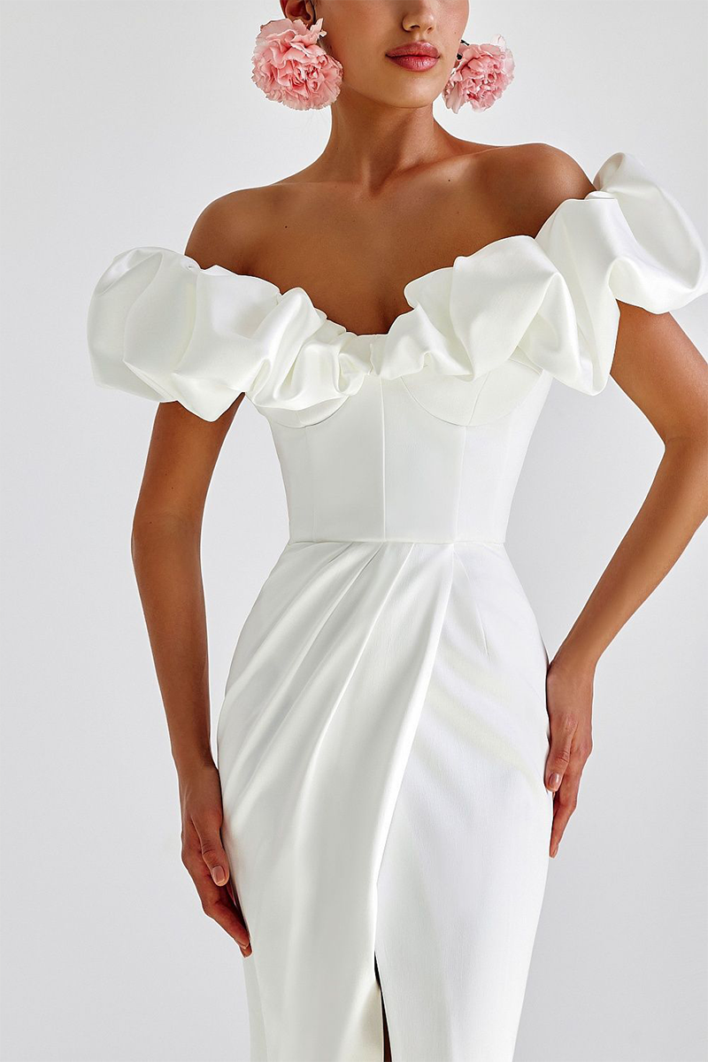 Puffy Ruffled Trim Off Shoulder Corset Slit Formal Party Maxi Dresses-White