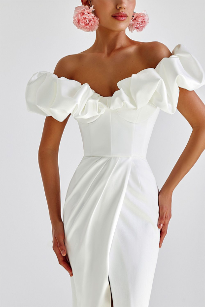 Puffy Ruffled Trim Off Shoulder Corset Slit Formal Party Maxi Dresses-White