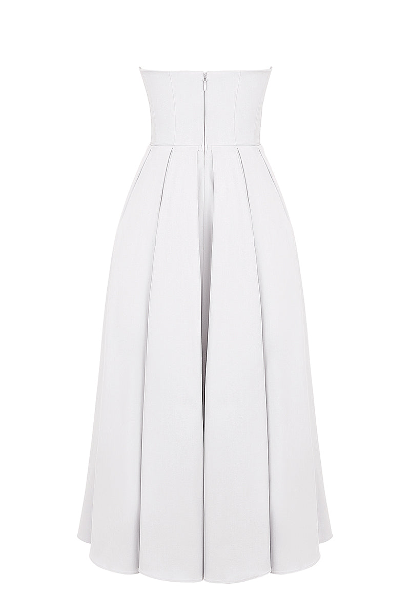 Elegant Strapless Corset Back Zipper Pleated Midi Dresses-White