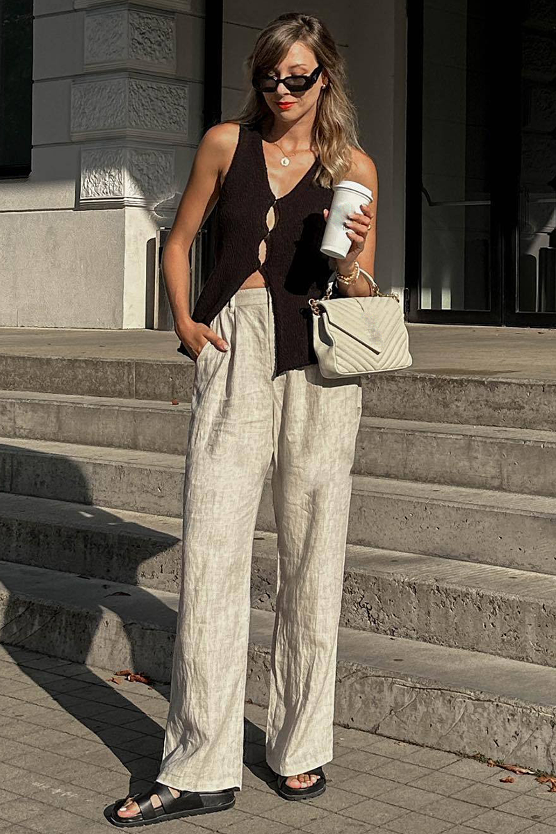 V Neck Cutout Solid Color Front Slit Knit Tank Top-White