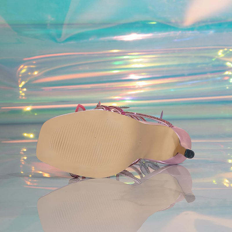 Rhinestone Embellished 3D Butterfly Decor Lace Up Square Toe Stiletto Heels