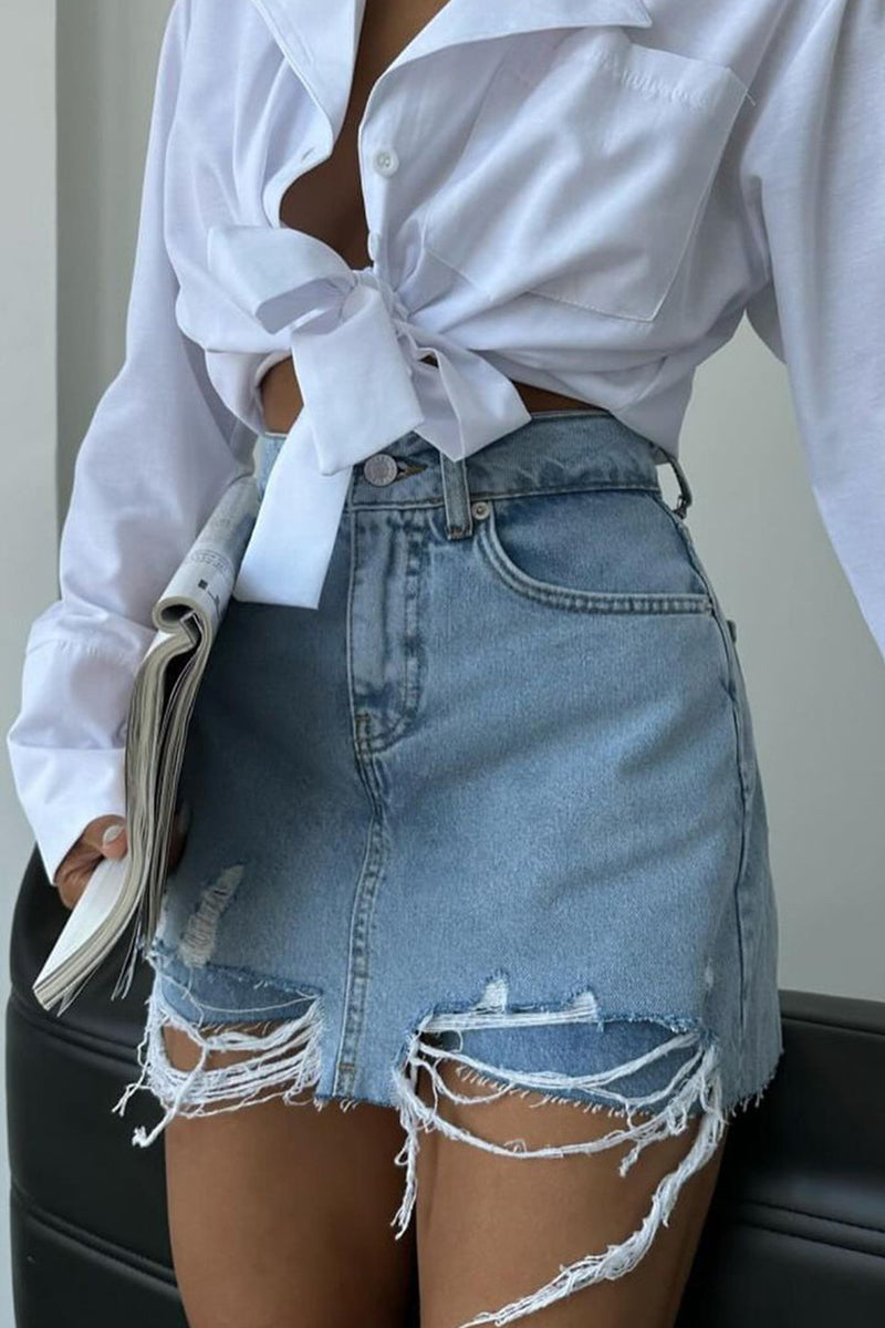 Ripped Frayed High Waist Pocket Casual Denim Shorts-Blue