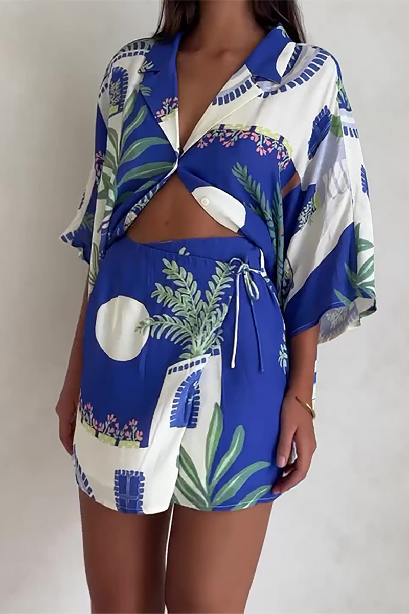 Plants Print 3/4 Sleeve Blouse High Waist Shorts Matching Set-Blue
