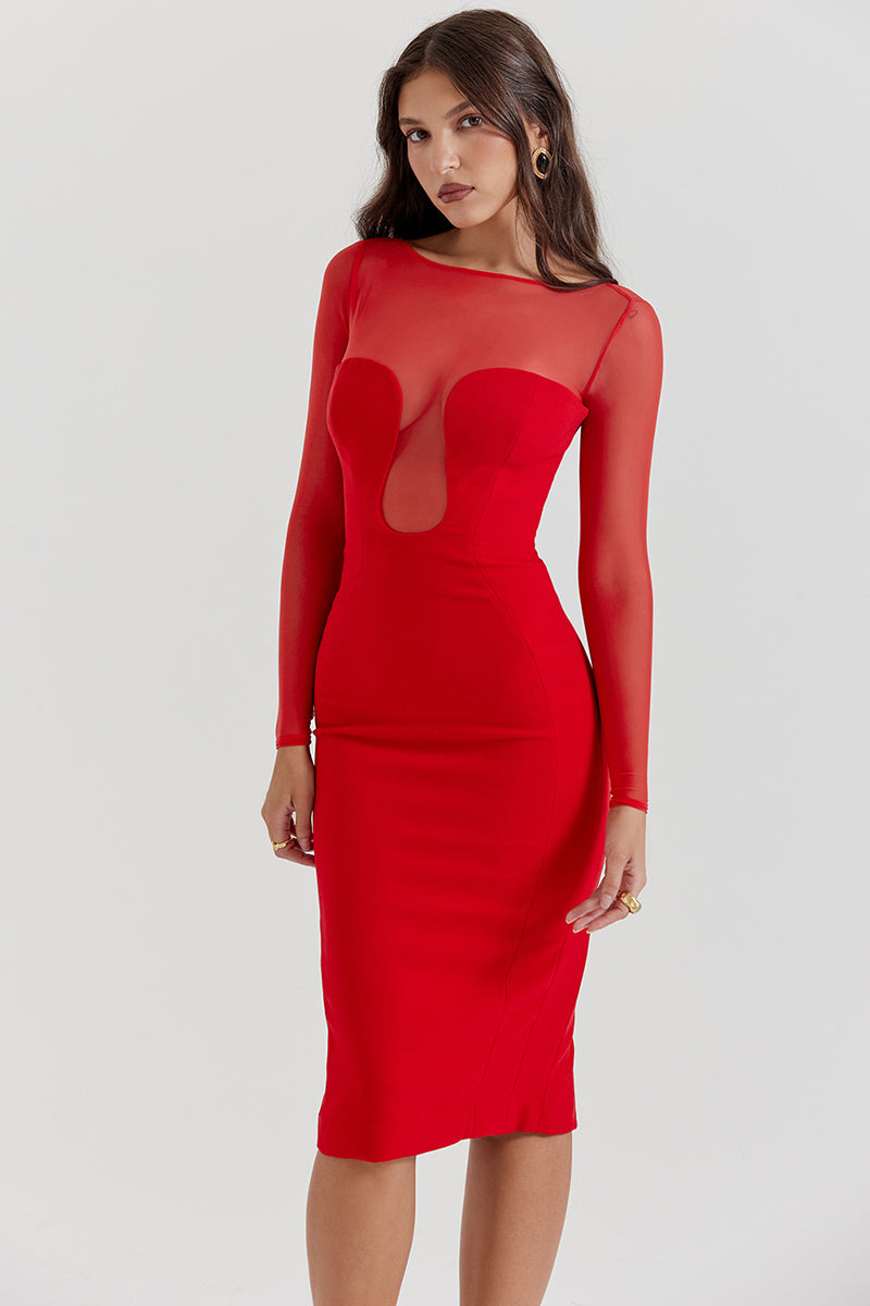Mesh Patchwork Long Sleeve Irregular Corset Bodycon Midi Dresses-Red