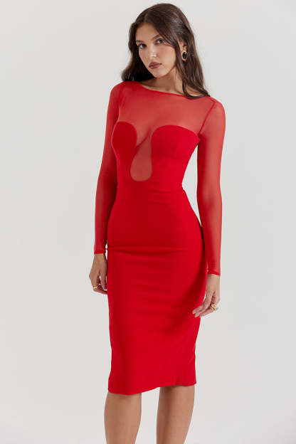 Mesh Patchwork Long Sleeve Irregular Corset Bodycon Midi Dresses-Red