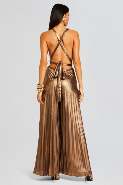 Deep V Neck Backless Pleated Wide Leg Bronzing Jumpsuit-Gold