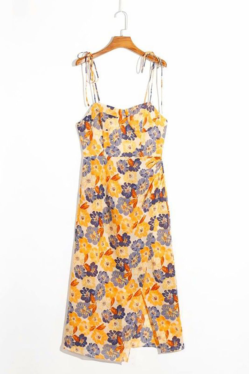 Vacation Irregular Neck Tied Up Cami A-line Floral Print High Slit Midi Dresses