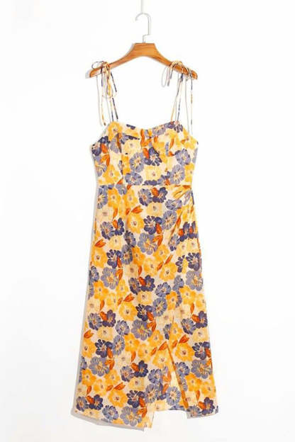 Vacation Irregular Neck Tied Up Cami A-line Floral Print High Slit Midi Dresses