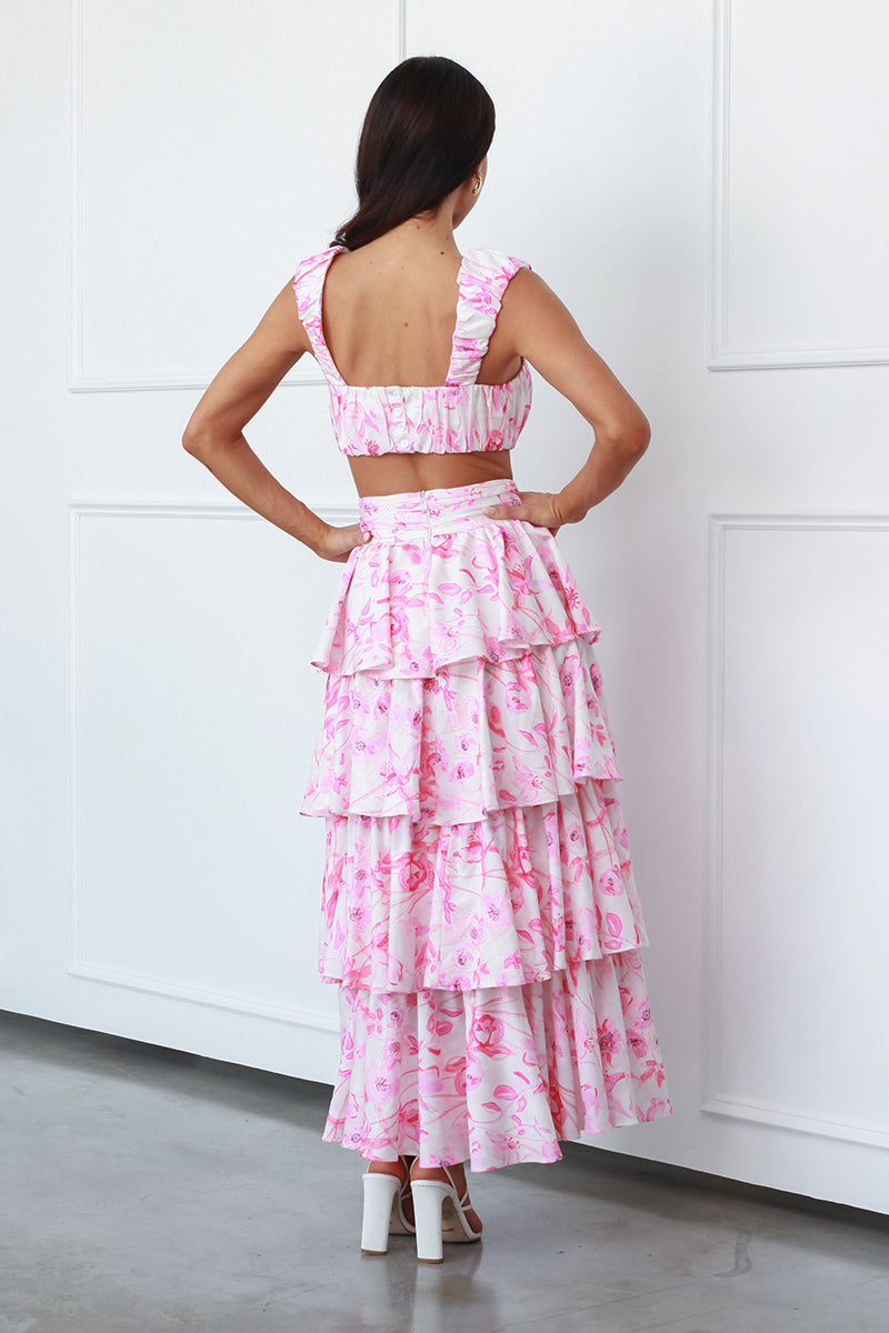 Square Neck Ruched Sleeveless Crop Top High Waist Layered Maxi Skirt Floral Print Matching Set