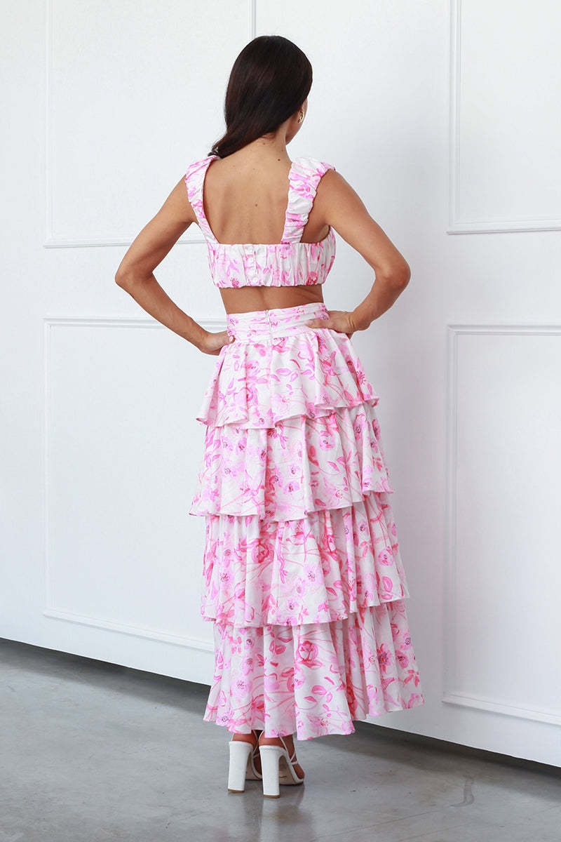 Square Neck Ruched Sleeveless Crop Top High Waist Layered Maxi Skirt Floral Print Matching Set