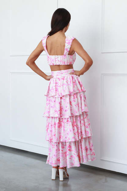 Square Neck Ruched Sleeveless Crop Top High Waist Layered Maxi Skirt Floral Print Matching Set