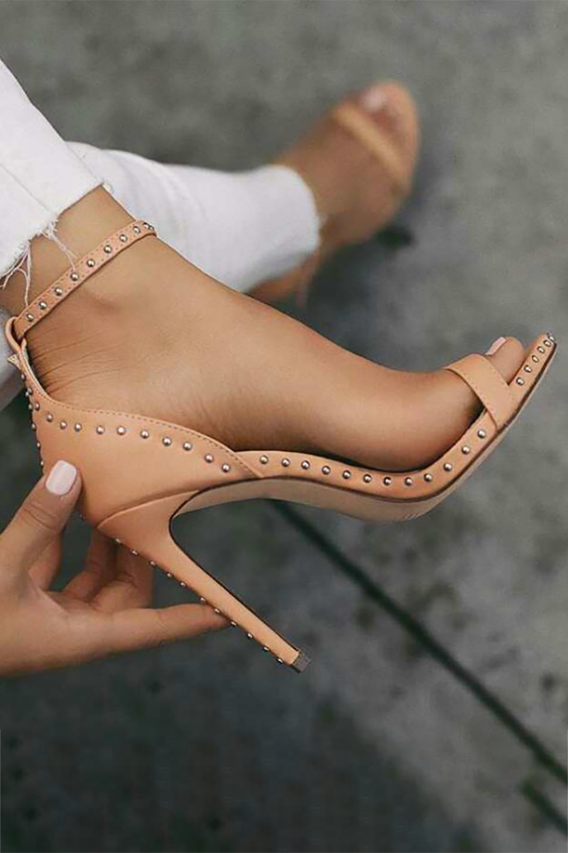 Studded Peep-Toe Buckle Ankle Strap Stiletto Heels-Black