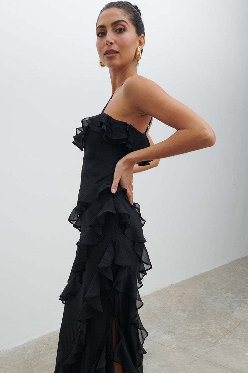 Cross Cami Asymmetric Ruffle Birthday Party Maxi Dresses-Black Pre Order