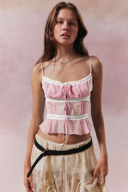 Colorblock Lace Trim Tie-Up Ribbon Crop Cami-Purple