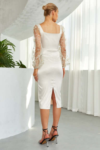 Embroidery Sheer Patchwork Lantern Sleeve Elegant Midi Dresses