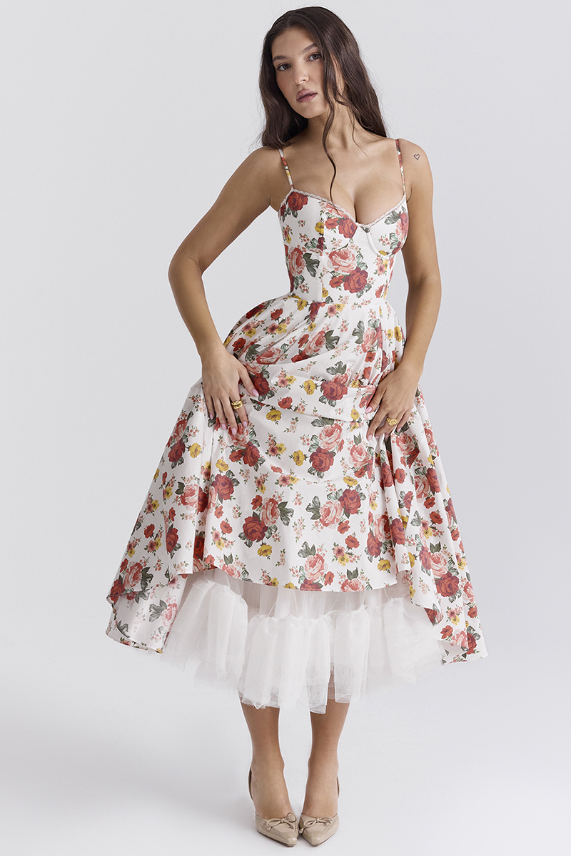 Floral Print Corset Spaghetti Strap Midi Dresses-White