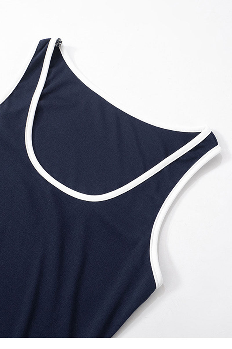 U Neck Colorblock Trim Cinch Waist Sleeveless Daily Mini Dresses-Navy