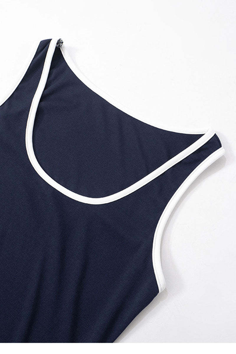 U Neck Colorblock Trim Cinch Waist Sleeveless Daily Mini Dresses-Navy